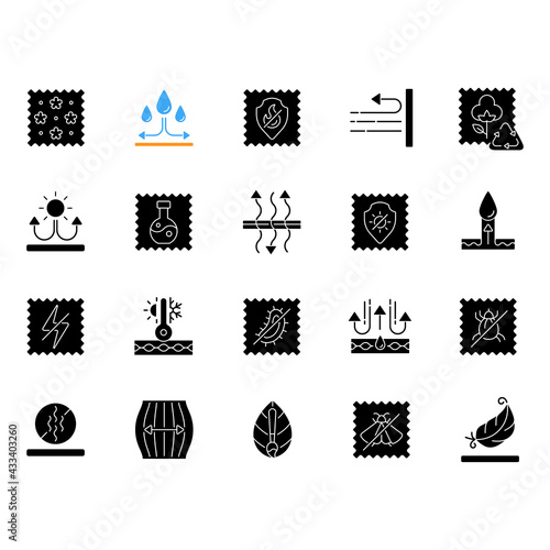 Different types of fabric feature black glyph icons set on white space. Fiber characteristics. Textile industry. Quality features of clothing. Silhouette symbols. Vector isolated illustration