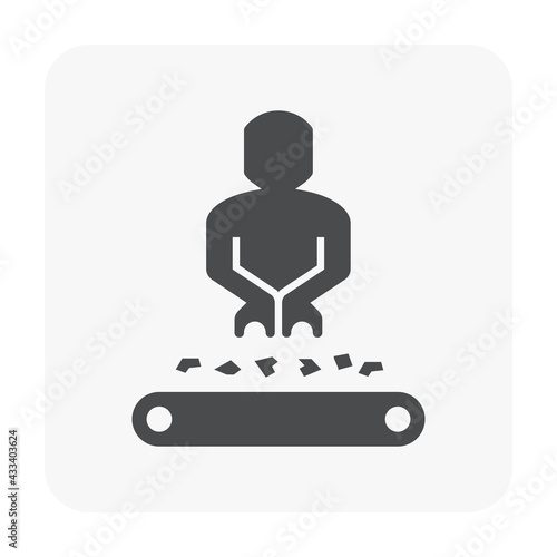 Ore sorting vector icon. Mining processing industry consist of worker, machine, equipment with conveyor belt to transport and carry raw material from quarry i.e. ore, coal and rock to factory plant.