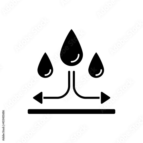 Water repellent fabric feature on fabric black glyph icon. Rain proof fiber. Impervious to water material. Special textile property. Silhouette symbol on white space. Vector isolated illustration