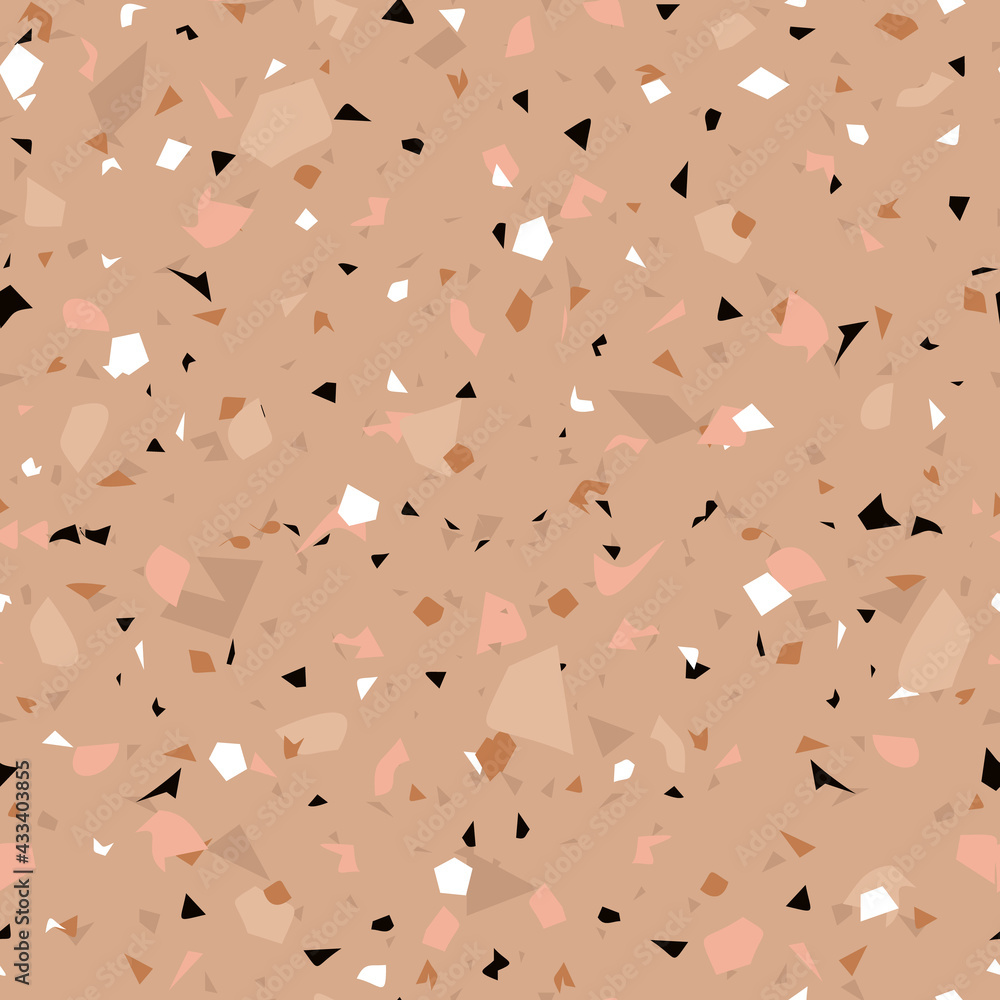 Terrazzo brown pattern with black and white spots in trendy style. Stone background