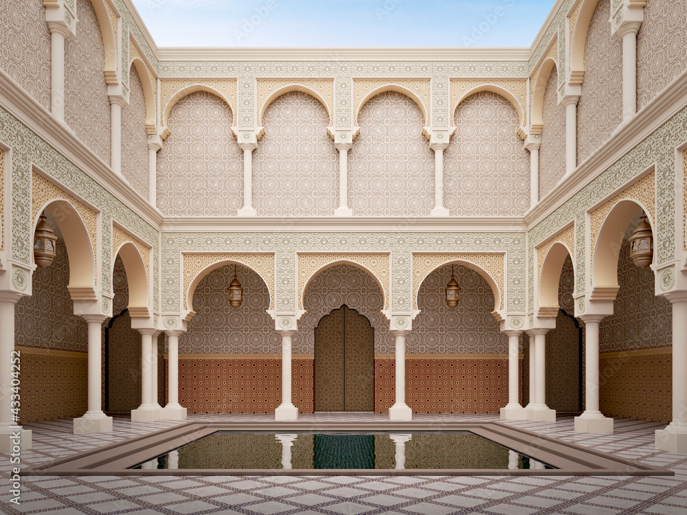 Arabic,Islamic style courtyard,patio with pond.3drendering