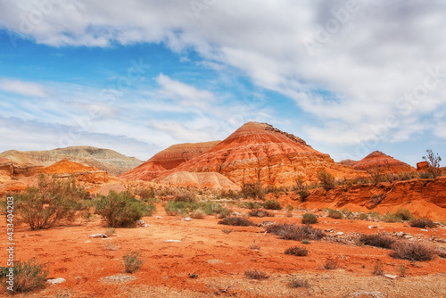 The hills are mountains of ancient sediments with patterns of erosion, red yellow and white clay and desert vegetation. View of the Altyn-Emel park in Kazakhstan