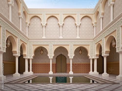 Arabic Islamic style courtyard patio with pond.3drendering