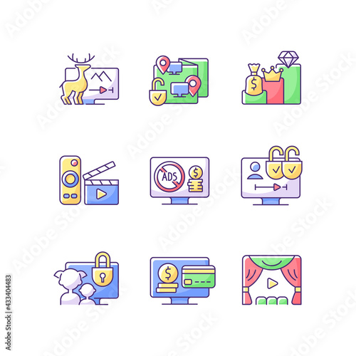 Broadcasting services RGB color icons set. Documentaries streaming. Remote co-watching. Subscription plans. Ad-free subscription plan. Multiple viewer profiles. Isolated vector illustrations