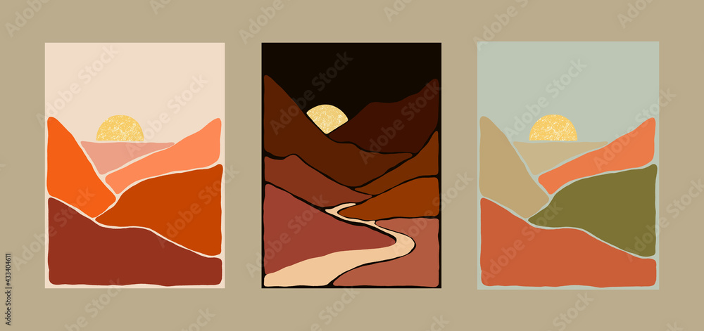 Abstract Bohemian Art Landscape Terracotta and Mint Green Tones. Boho Style. Mountain View, Sun, Moon, Hills. Vector Art Poster. Abstract Bohemian Art Landscape Terracotta and Mint Green Tones. Boho Style. Mountain View, Sun, Moon, Hills. Vector Art Poster.