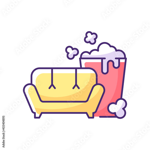 TV series streaming RGB color icon. Mini-series. Watching TV with popcorn bucket. New releases. Different serial genres. Shows and movies. Watching sitcoms, dramas. Isolated vector illustration