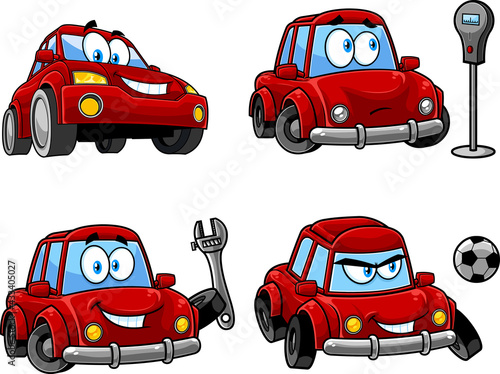 Red Car Cartoon Character Poses. Vector Collection Set Isolated On White Background photo