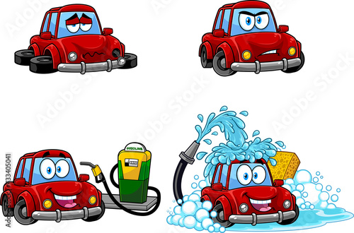Red Car Cartoon Character Poses. Vector Collection Set Isolated On White Background