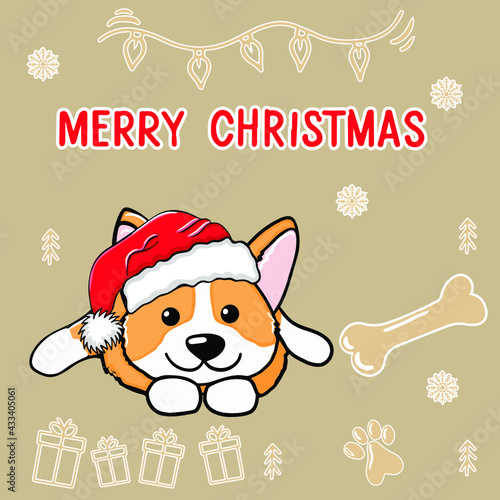 Cute corgi dog lies smiling christmas corgi dog wearing santa claus hat with inscription, happy christmas cartoon illustration. on an isolated background.