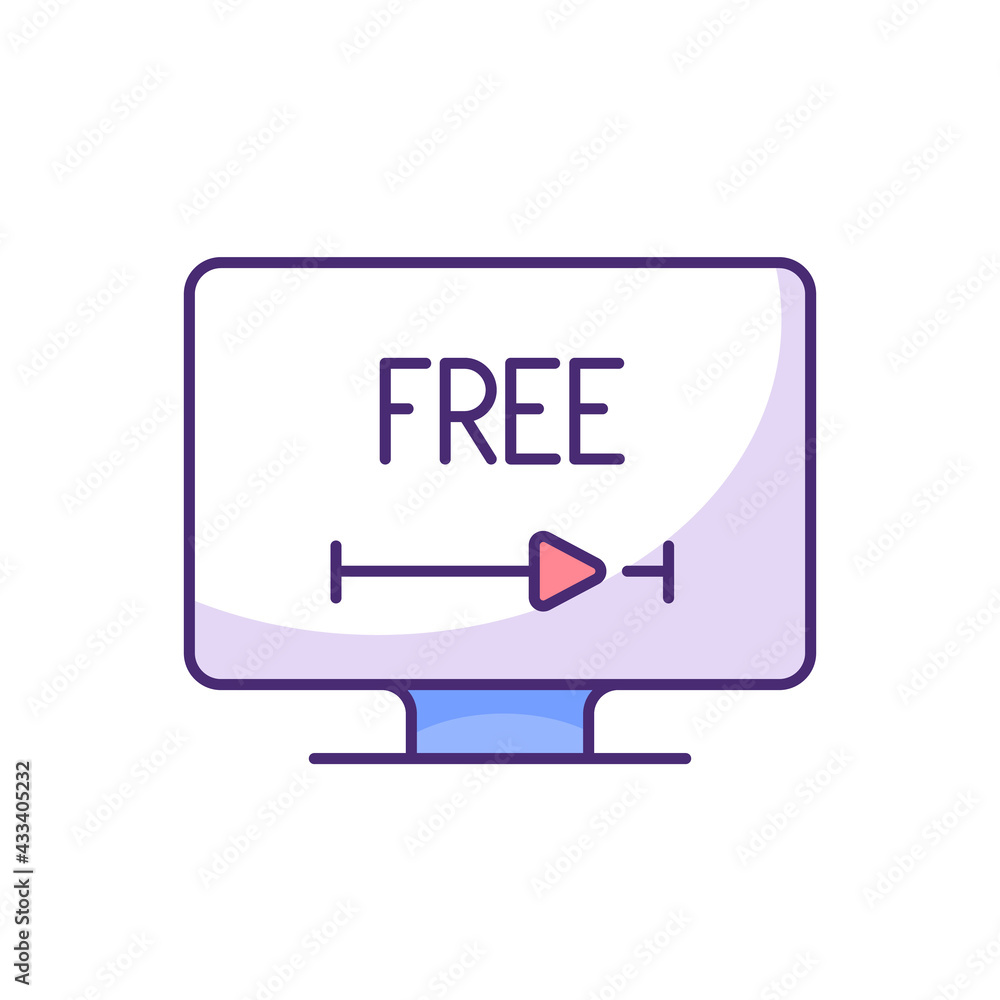 Free video streaming RGB color icon. Watching unlimited movies without paying. Shows, news, podcasts free usage. No subscription fees. Alternative for paid service. Isolated vector illustration Free video streaming RGB color icon. Watching unlimited movies without paying. Shows, news, podcasts free usage. No subscription fees. Alternative for paid service. Isolated vector illustration