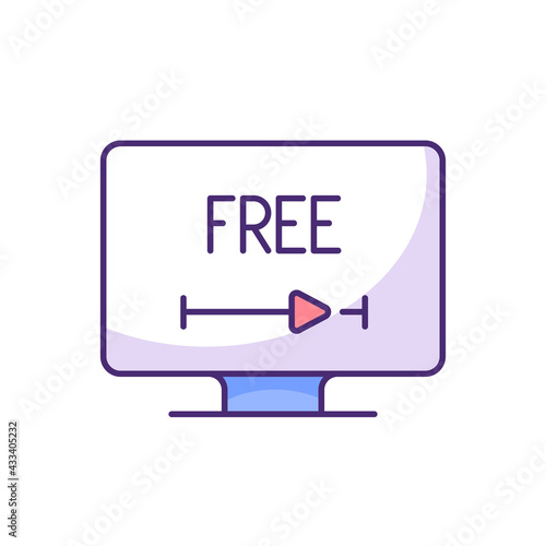 Free video streaming RGB color icon. Watching unlimited movies without paying. Shows, news, podcasts free usage. No subscription fees. Alternative for paid service. Isolated vector illustration