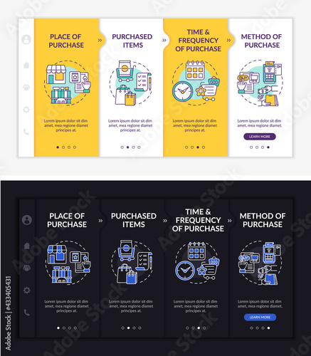 Shopper behavior patterns onboarding vector template. Responsive mobile website with icons. Web page walkthrough 4 step screens. Payment methods night and day mode concept with linear illustrations