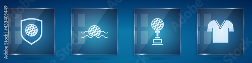Set Golf ball with shield, in water, Award cup golf and shirt. Square glass panels. Vector