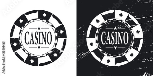 Black poker gaming chip. Casino tokens coins with playing cards symbols, hearts, spades, clubs, diamonds.