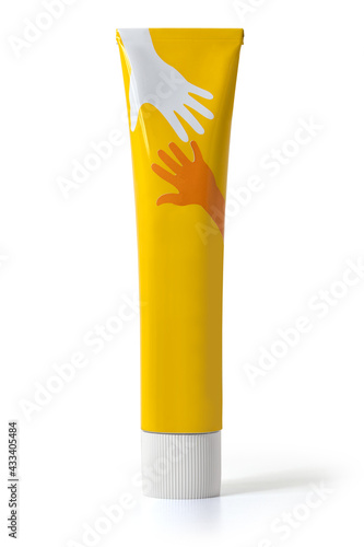 Yellow tube of ointment on a white background. Front view. Full depth of field. With clipping path.