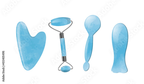 Face Massage Tools Gua Sha Scrapers and Roller. Isolated design elements on a white background. EPS10.
