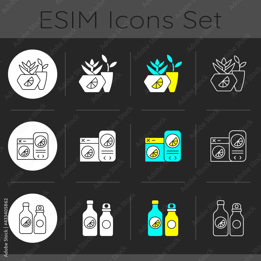 Fototapeta premium Company branding materials dark theme icons set. Branded eco office equipment. Specially designed clothes and accessories. Linear white, solid glyph and RGB color styles. Isolated vector illustrations