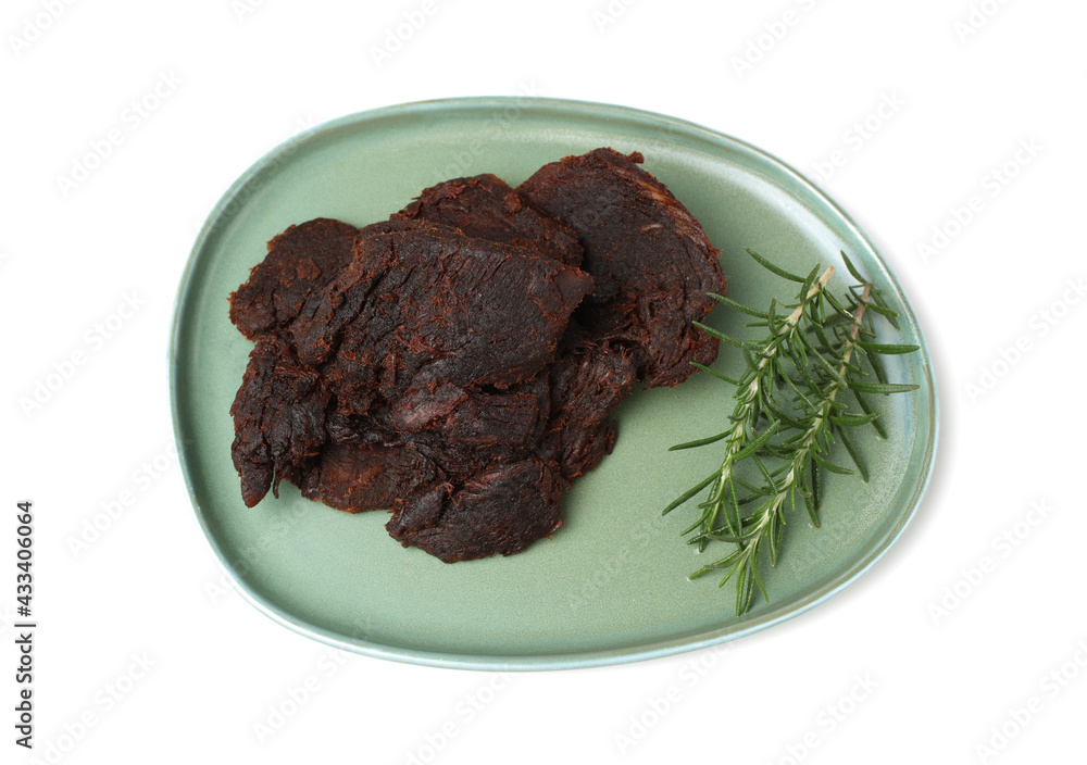 Beef jerky pieces on white background Beef jerky pieces on white background