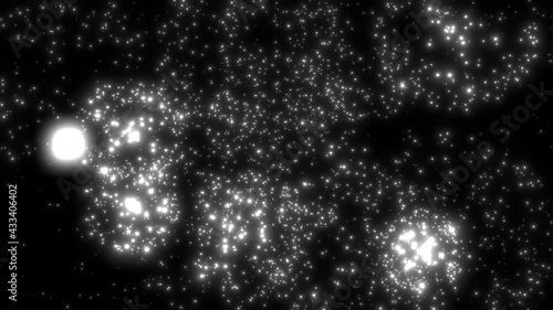 Colorless silver fireworks background. Particle sparkle explosion glow on black