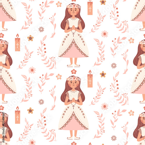 First communion little girl seamless pattern Christian background