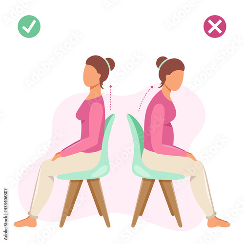 Bad back posture office syndrome vs good back posture.Woman sitting in wrong and right ways. Vector illustration 