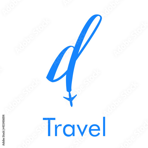 Logotipo Travel con letra d dibujada a mano con silueta de avión en color azul