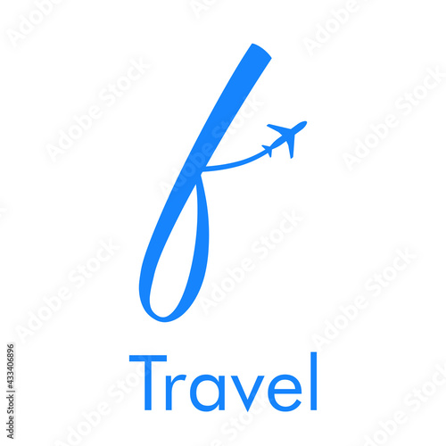 Logotipo Travel con letra f dibujada a mano con silueta de avión en color azul
