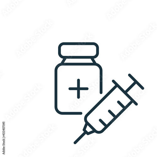 Coronavirus Vaccine line icon. Syringe with Bottle. Vaccine Against Covid. Syringe and Vaccine Vial flat line icon. Treatment for Coronavirus Covid-19. Editable stroke. Vector illustration