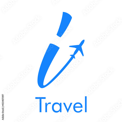 Logotipo Travel con letra i dibujada a mano con silueta de avión en color azul