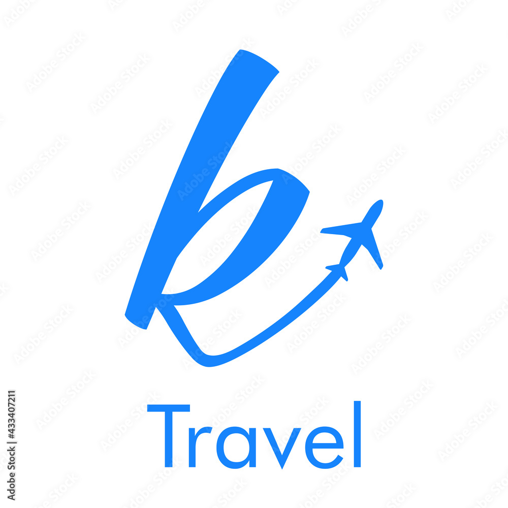 Logotipo Travel con letra k dibujada a mano con silueta de avión en color azul Logotipo Travel con letra k dibujada a mano con silueta de avión en color azul