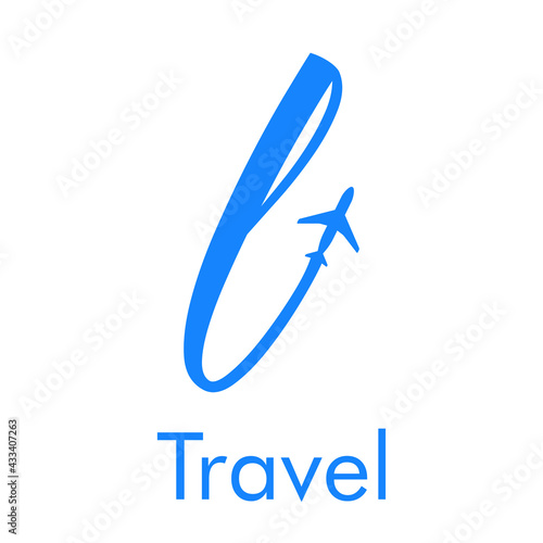 Logotipo Travel con letra l dibujada a mano con silueta de avión en color azul