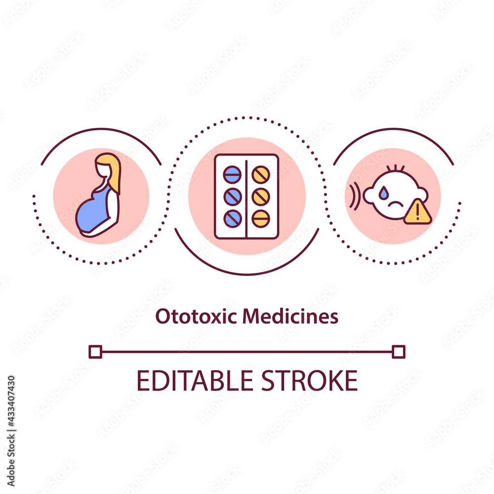 Fototapeta premium Ototoxic medicines concept icon. Ear damage and hearing loss causes idea thin line illustration. Taking high drug dose. Ringing in ear. Vector isolated outline RGB color drawing. Editable stroke