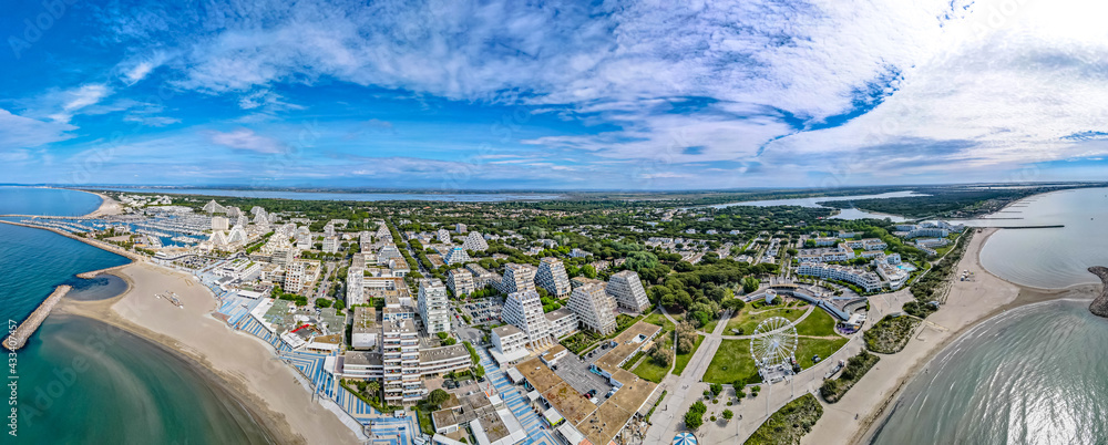Aerial panoramic drone city scape from above La Grande Motte France	