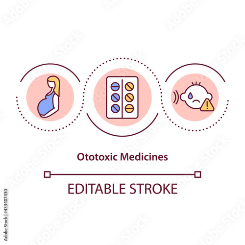 Ototoxic medicines concept icon. Ear damage and hearing loss causes idea thin line illustration. Taking high drug dose. Ringing in ear. Vector isolated outline RGB color drawing. Editable stroke