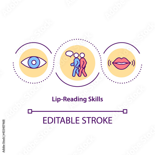 Lip-reading skills concept icon. Speechreading technique idea thin line illustration. Lips movement interpretation. Speech perception. Vector isolated outline RGB color drawing. Editable stroke