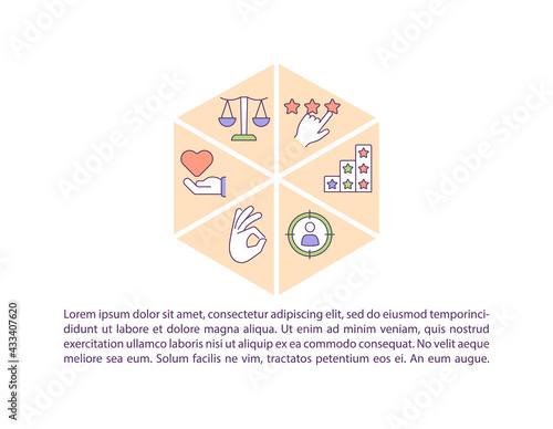Moral values concept line icons with text. PPT page vector template with copy space. Brochure, magazine, newsletter design element. Good judgment. Fairness, respect linear illustrations on white