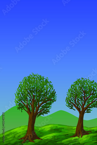 Vector nature illustration. Vertical illustration with blue sky and trees for your design projects. Copy space for your text. 