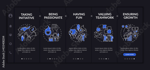 Basic company principles onboarding vector template. Responsive mobile website with icons. Web page walkthrough 5 step screens. Valuing teamwork, growth night mode concept with linear illustrations