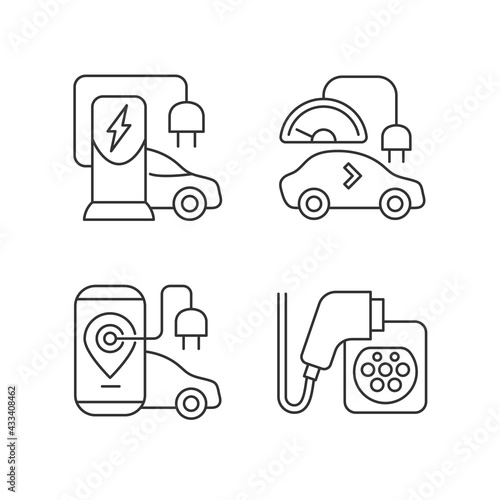 Electric vehicle charging linear icons set. Charging adapter and converter to fit electromobile. Customizable thin line contour symbols. Isolated vector outline illustrations. Editable stroke
