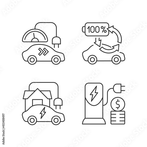 Electric vehicle charging linear icons set. Types of charging connectors for electromobiles. Customizable thin line contour symbols. Isolated vector outline illustrations. Editable stroke