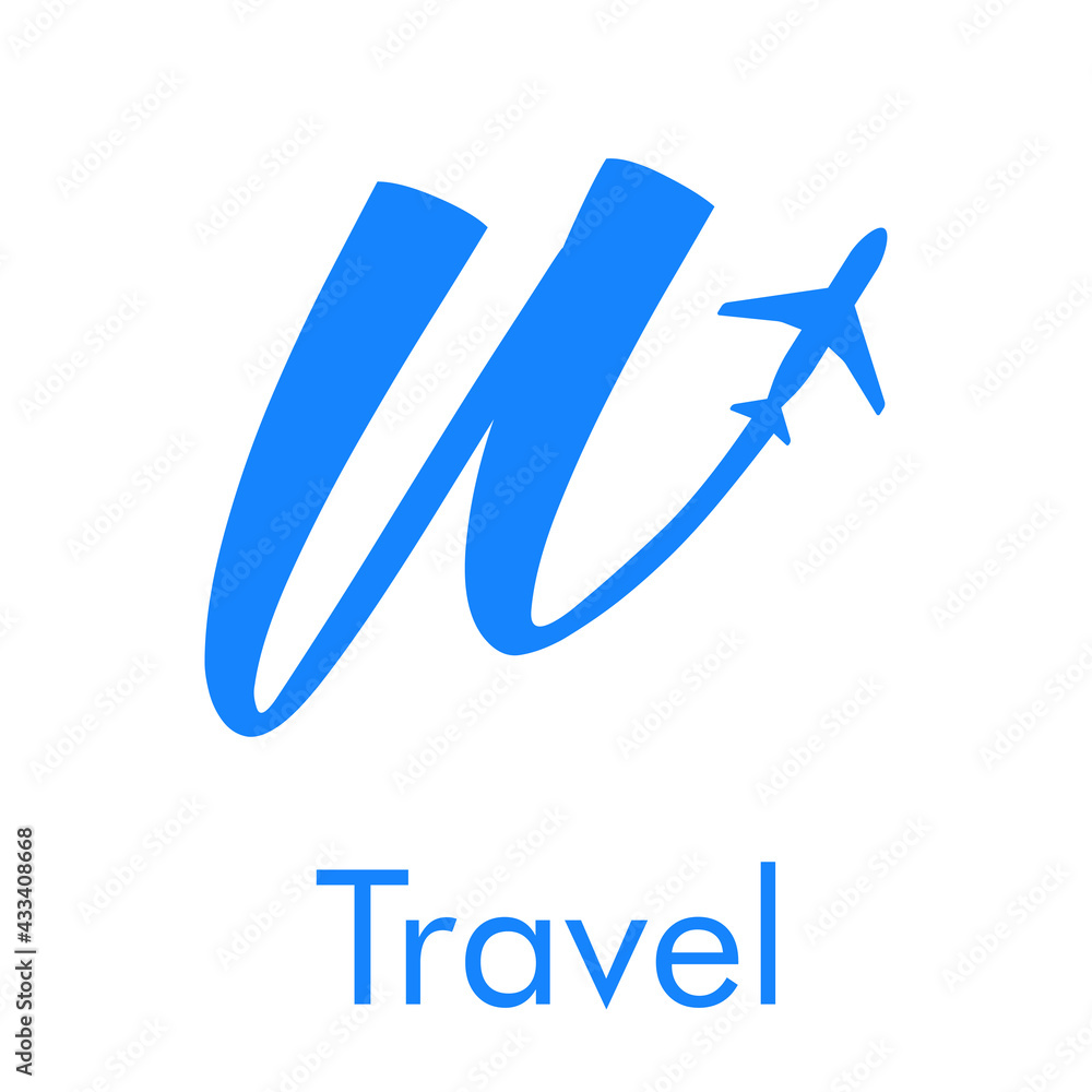 Logotipo Travel con letra u dibujada a mano con silueta de avión en color azul