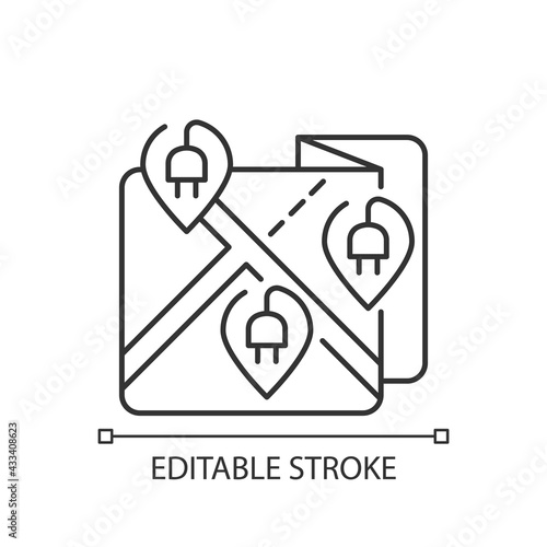 EV charging stations map or network linear icon. Business that distributes charging places. Thin line customizable illustration. Contour symbol. Vector isolated outline drawing. Editable stroke