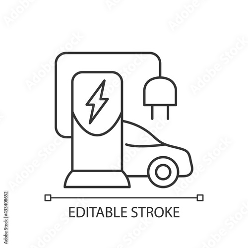 EV charging station linear icon. Place to charge battery of electromobile. Natural fuel. Thin line customizable illustration. Contour symbol. Vector isolated outline drawing. Editable stroke