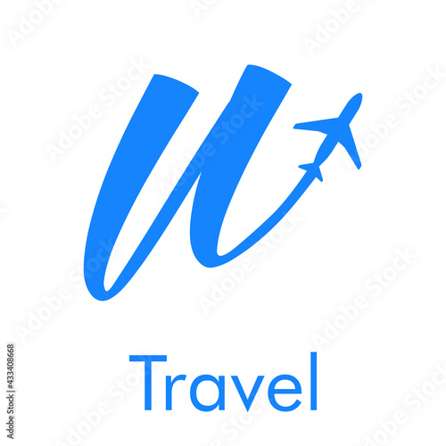 Logotipo Travel con letra u dibujada a mano con silueta de avión en color azul