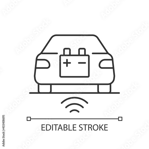 Wireless EV charging linear icon. Fueling electromobile without cable usage. Thin line customizable illustration. Contour symbol. Vector isolated outline drawing. Editable stroke