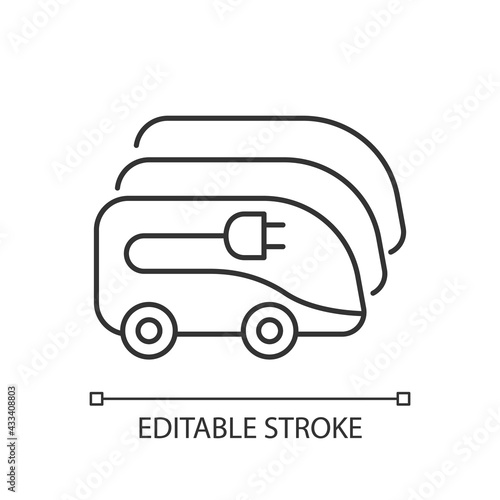 Charging in electric bus depot linear icon. Human transportation electronical vehicles. Thin line customizable illustration. Contour symbol. Vector isolated outline drawing. Editable stroke