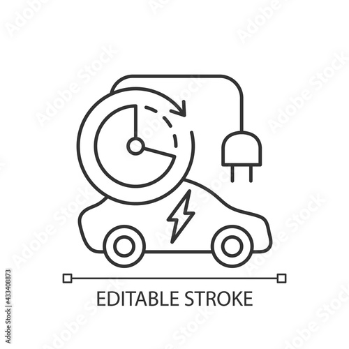 Charging time linear icon. Time spent to fill up battery of electromobile. Natural fuel. Thin line customizable illustration. Contour symbol. Vector isolated outline drawing. Editable stroke