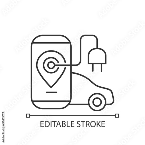 EV charging app linear icon. Digital application to find charging stations for electromobile. Thin line customizable illustration. Contour symbol. Vector isolated outline drawing. Editable stroke