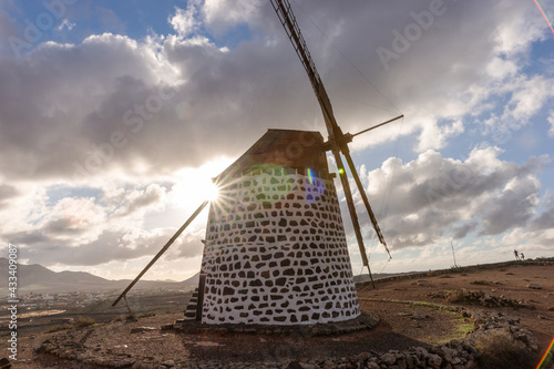 Windmill during sunset in Fuerteventura. Canary Islands. Spain