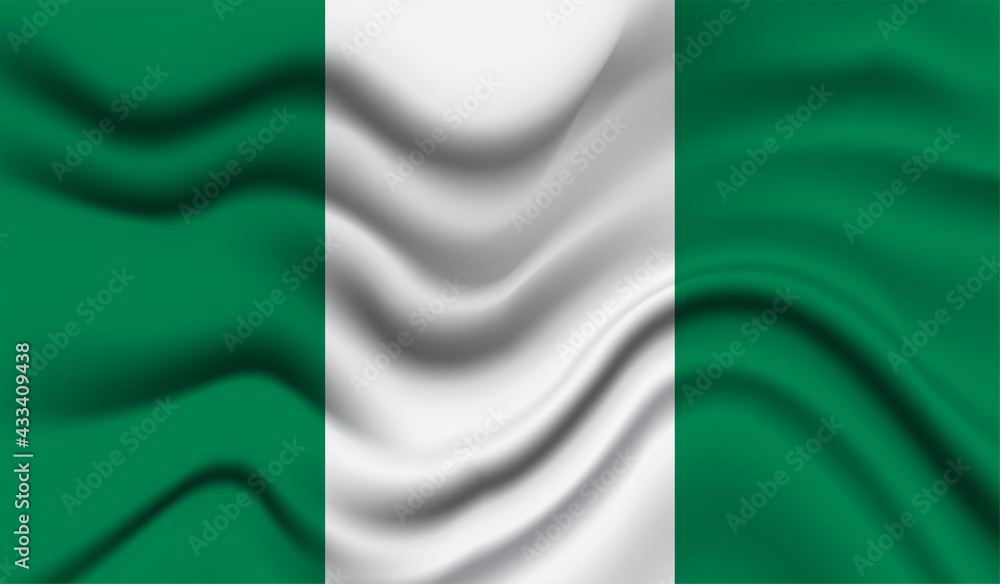 Abstract waving flag of Nigeria with curved fabric background. Creative realistic waving flag of Nigeria vector background